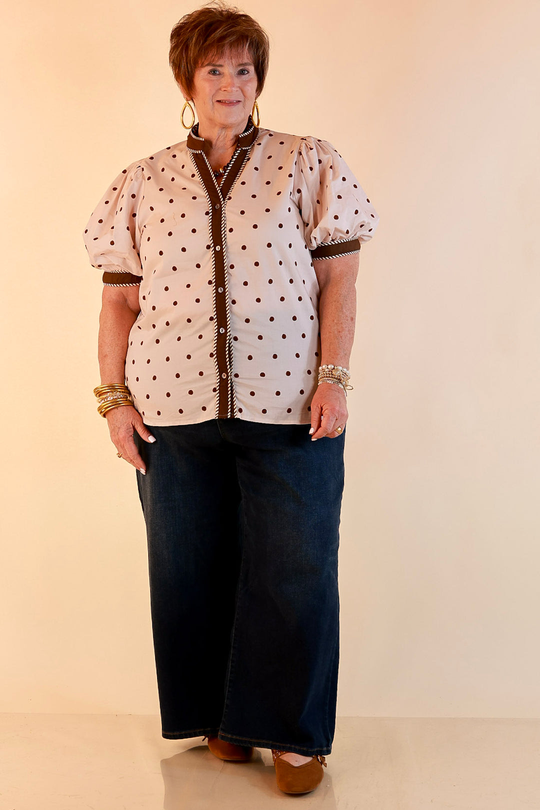 Pop of Polish Short Puff Sleeve Button Front Polka Dot Print Top with Contrast Trim in Ivory and Chocolate Brown