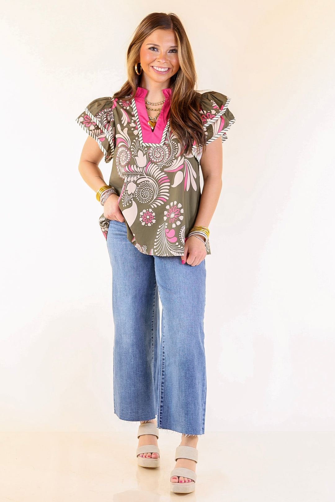 First Impressions V Neck Paisley Top with Ruffle Cap Sleeves and Stripe Detailing in Olive Green