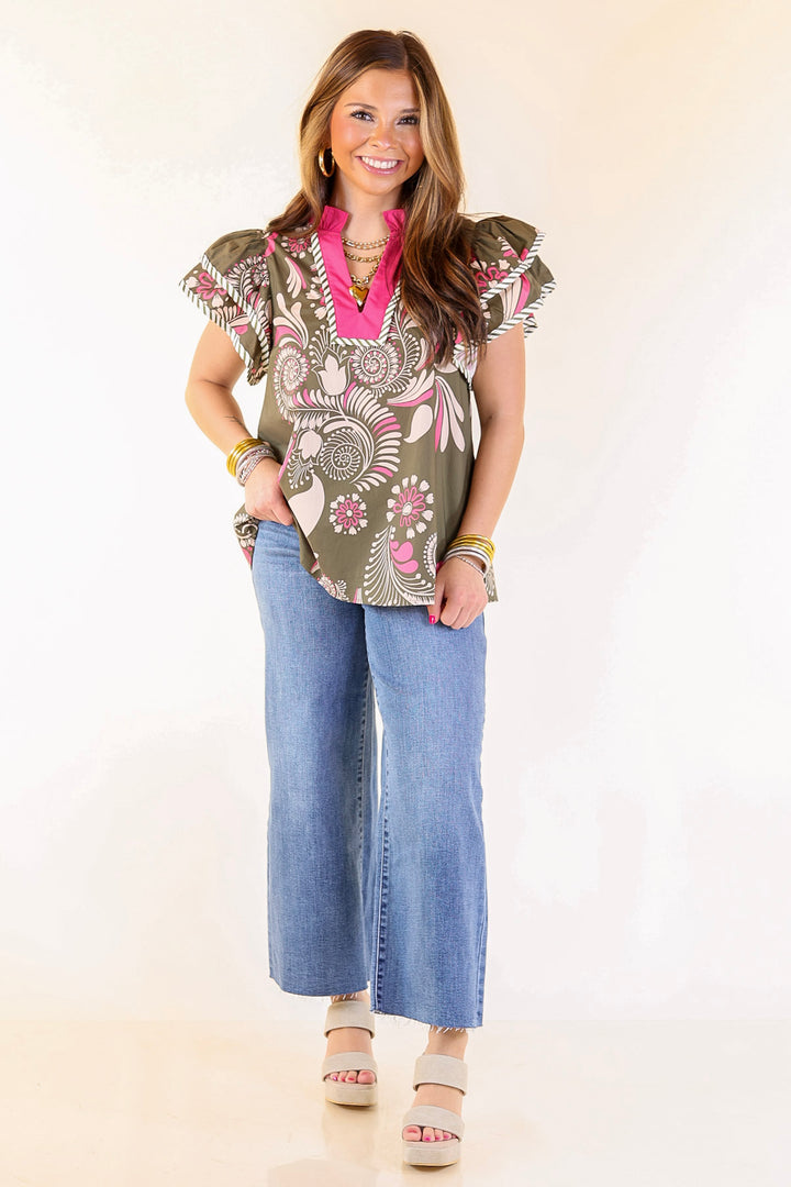 First Impressions V Neck Paisley Top with Ruffle Cap Sleeves and Stripe Detailing in Olive Green