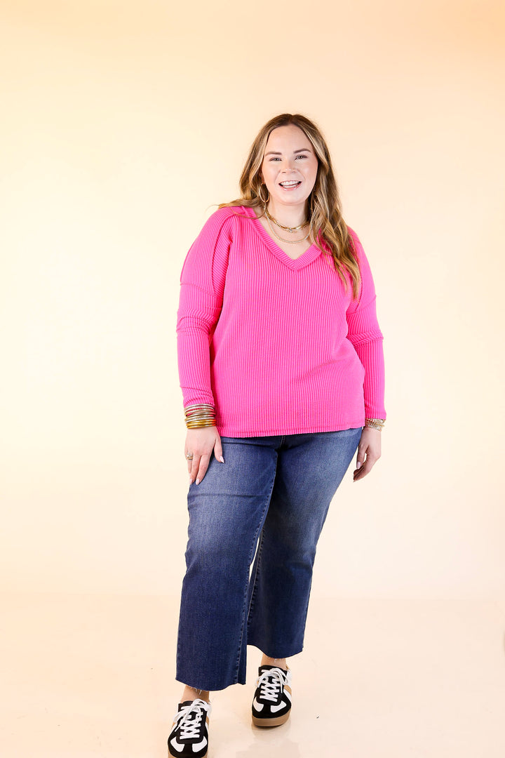 Daily Perfection V-Neck Long Sleeve Ribbed Top in Hot Pink