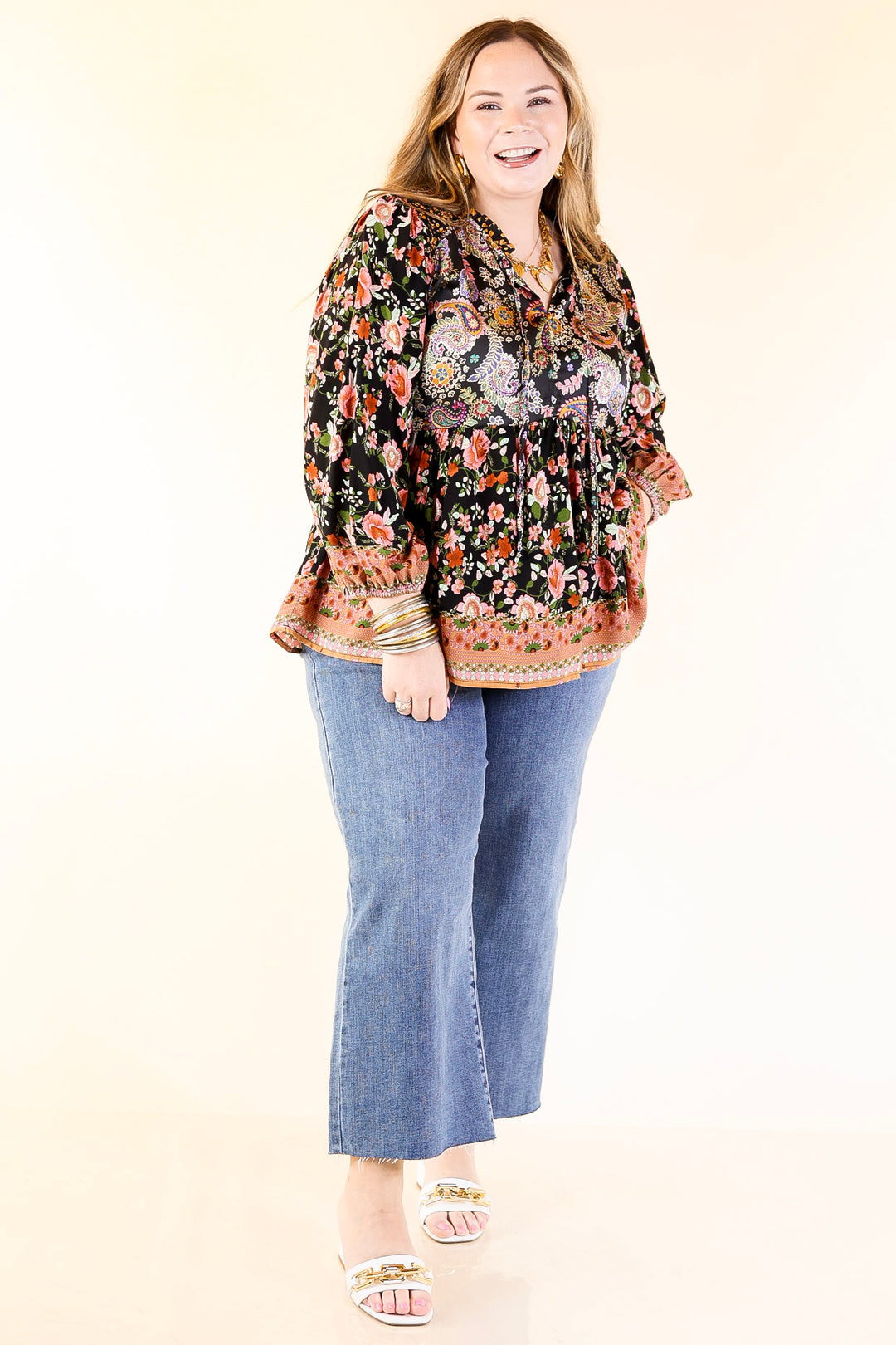 Floral Fusion Long Sleeve Floral Print Top in Black