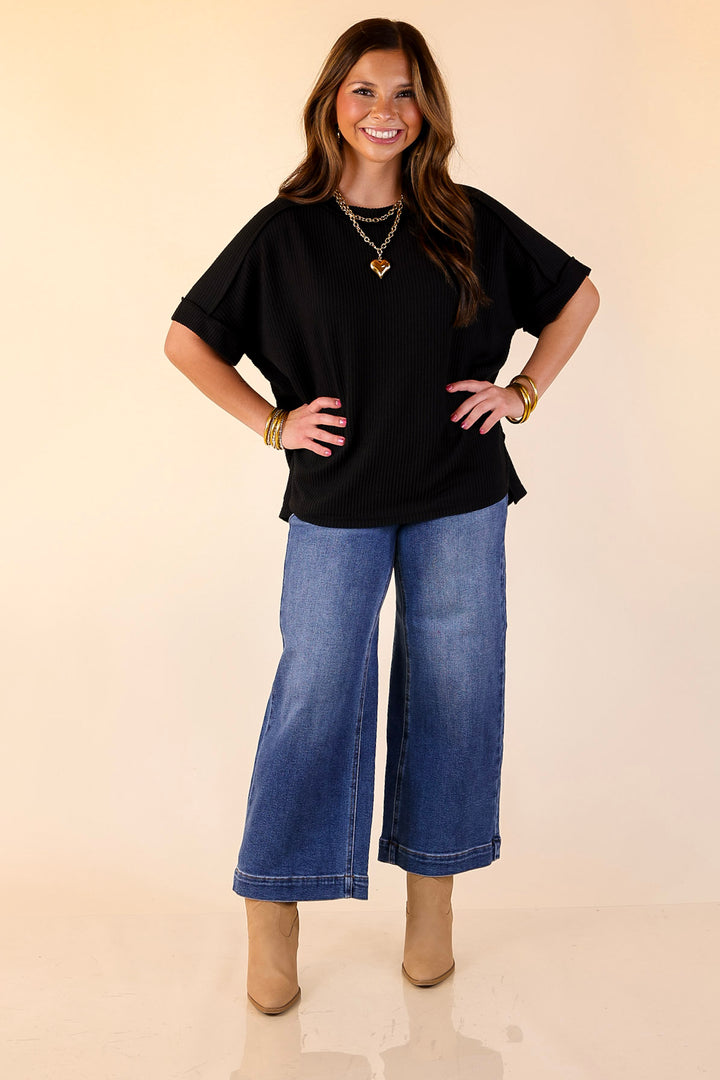 Daily Perfection Scoop Neck Short Sleeve Ribbed Top in Black