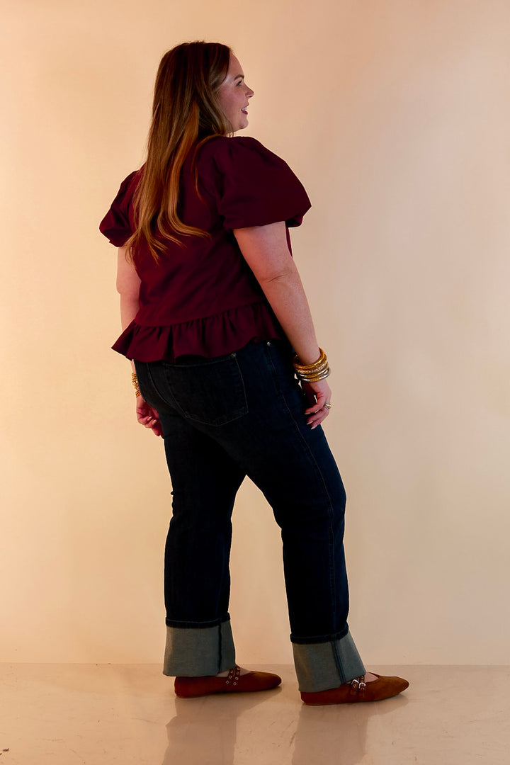 Present Company Solid Button Down Peplum Bubble Sleeve Tie Collar Top in Maroon
