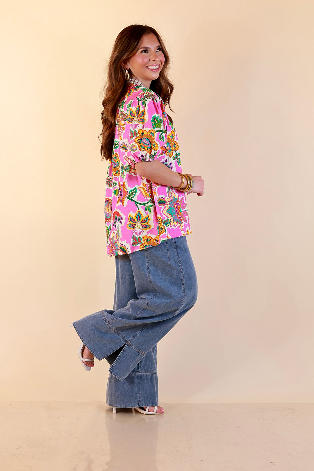Petal Pop Floral Print Ruffle Front Button Up Top with Puff Sleeves in Pink