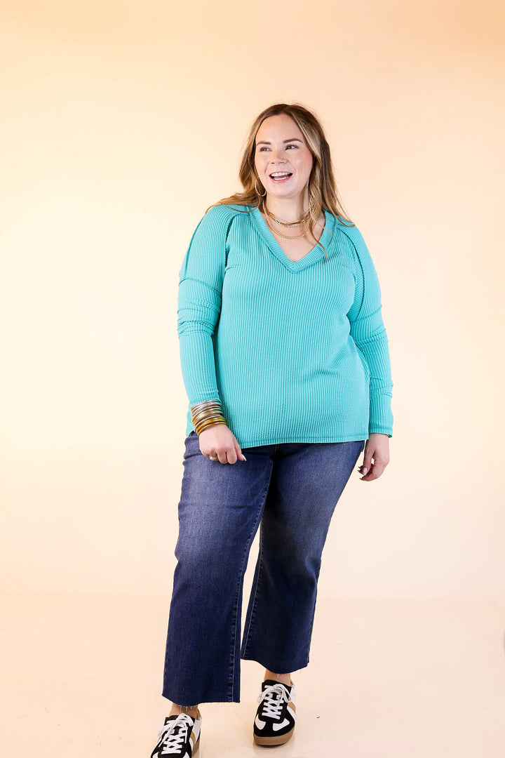 Daily Perfection V-Neck Long Sleeve Ribbed Top in Turquoise Blue