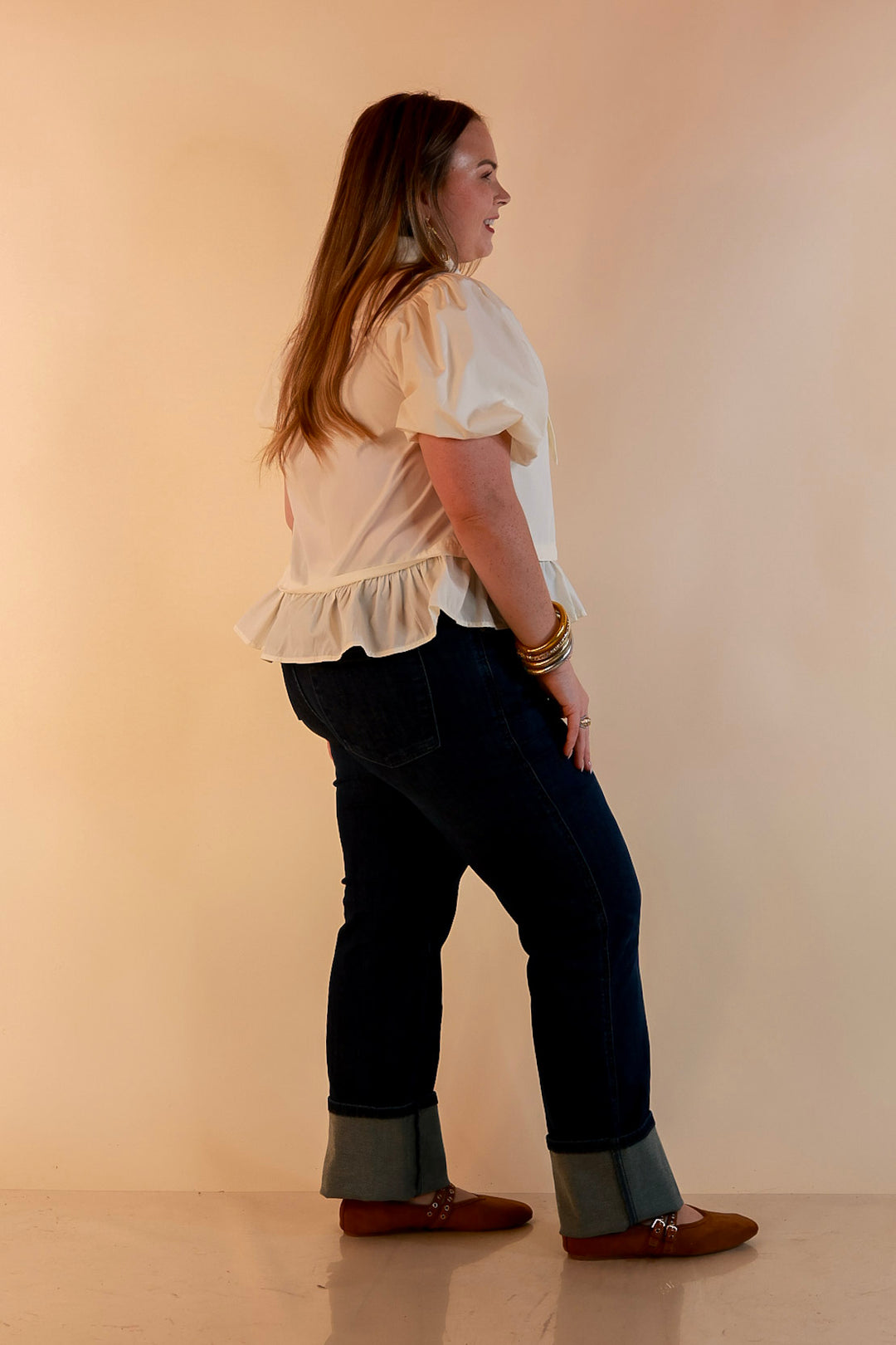 Present Company Solid Button Down Peplum Bubble Sleeve Tie Collar Top in Ivory