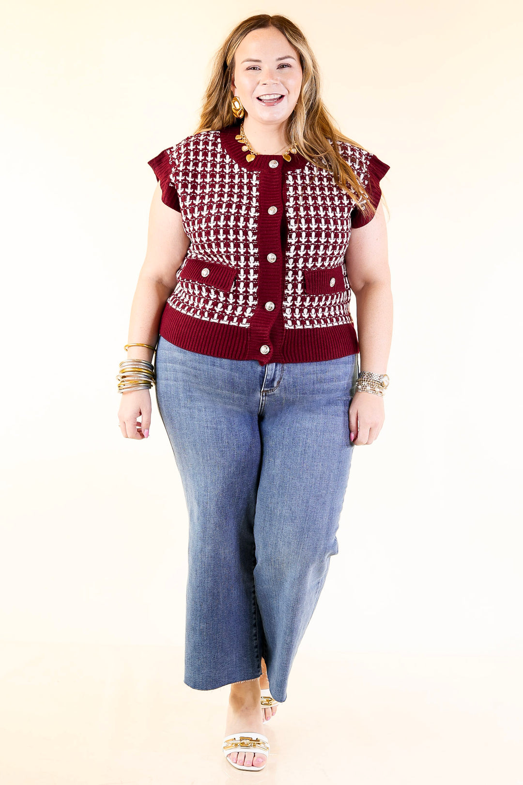 Statement Maker Button Front Large Tweed Sweater Vest in Maroon