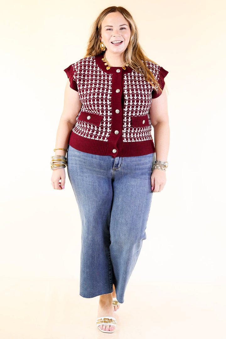 Statement Maker Button Front Large Tweed Sweater Vest in Maroon