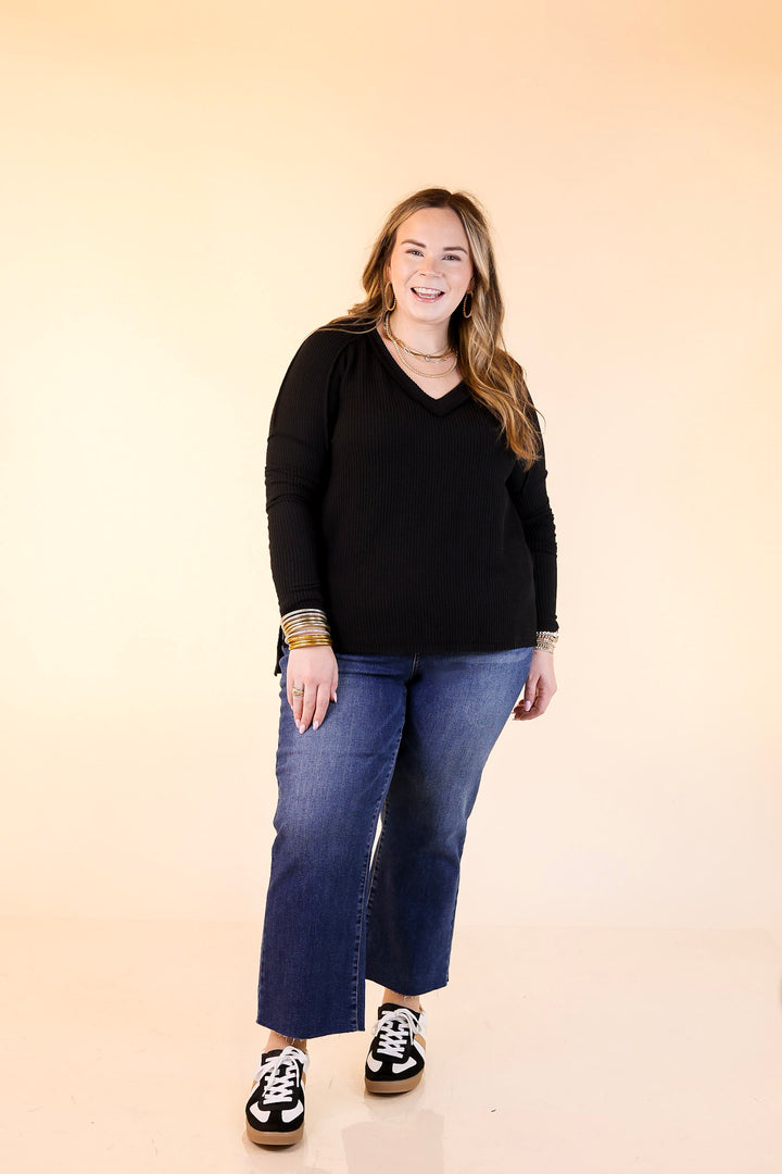 Daily Perfection V-Neck Long Sleeve Ribbed Top in Black