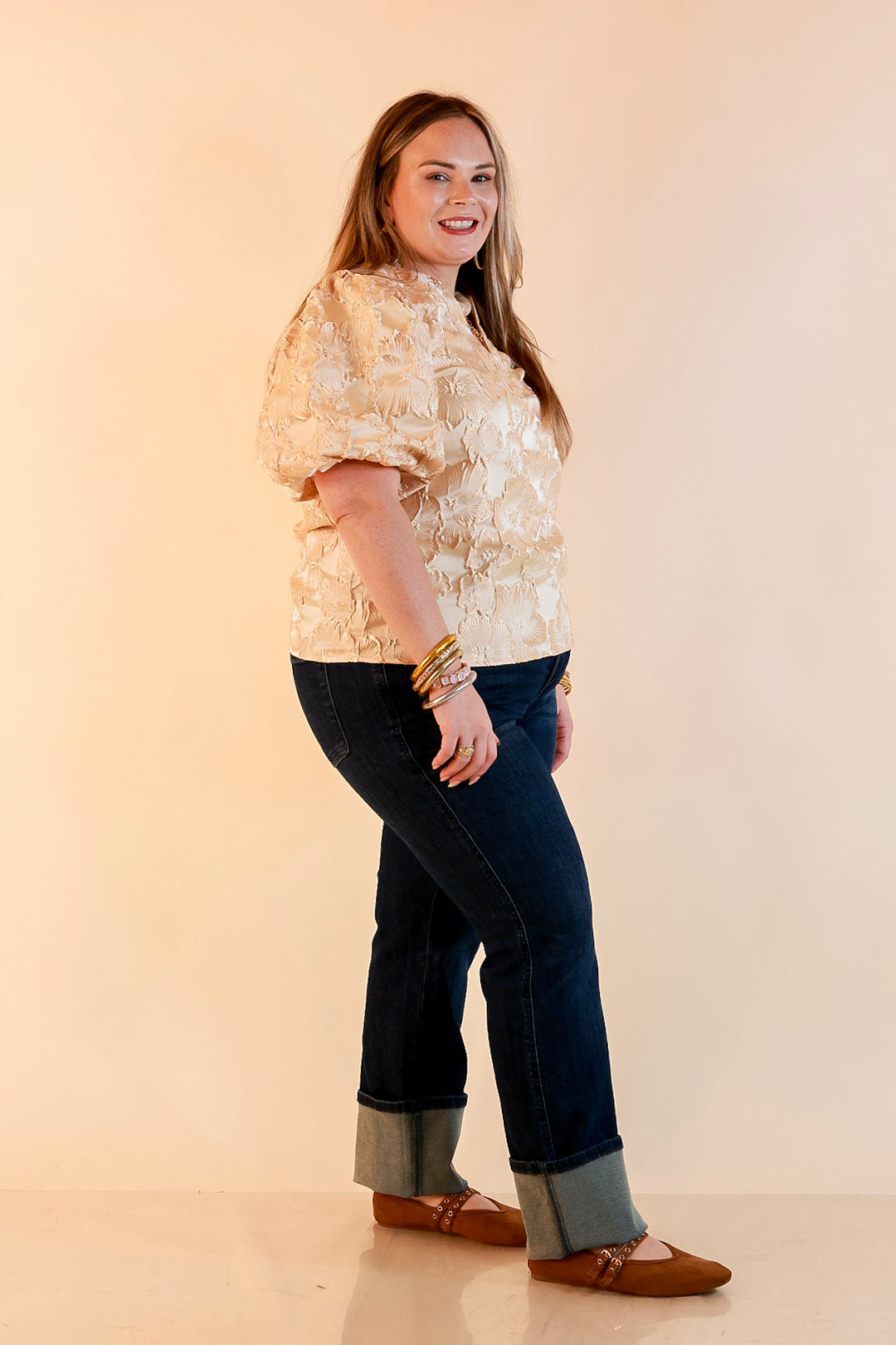 Pretty in Practice Textured Floral Print Puff Sleeve Blouse in Champagne Ivory