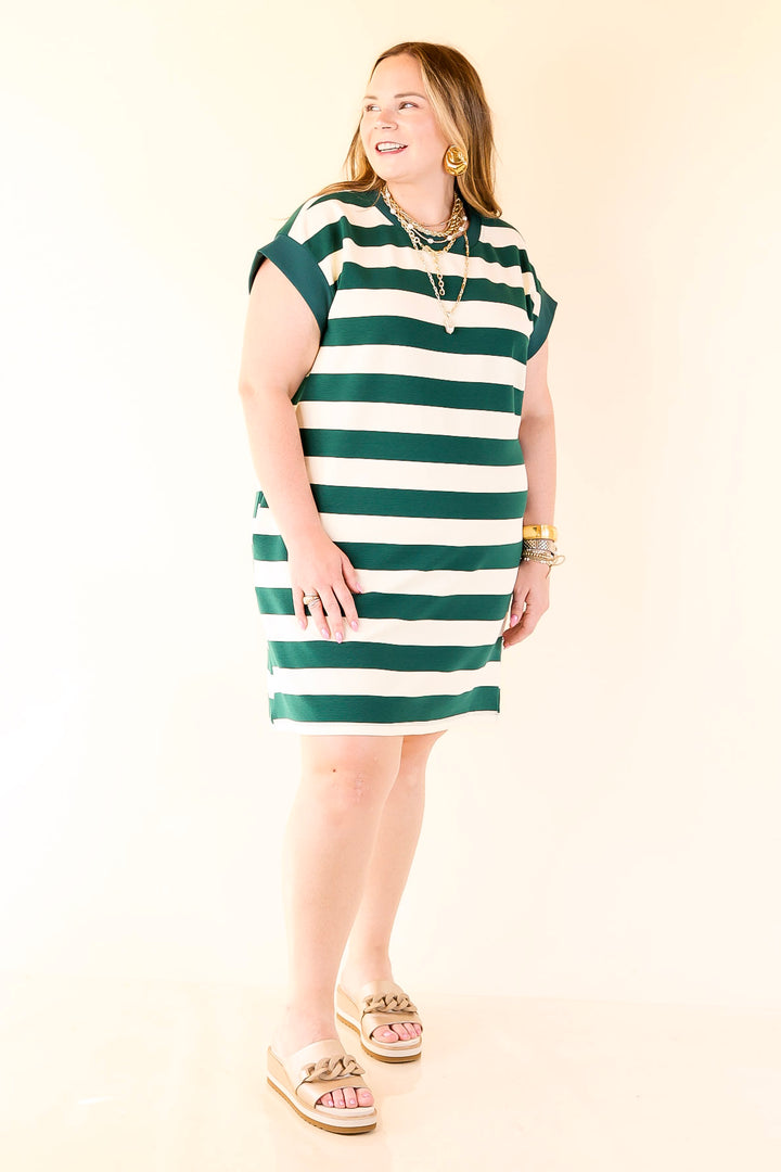 Stripe it Simple Striped Dress with Cap Sleeves in Forest Green and Cream