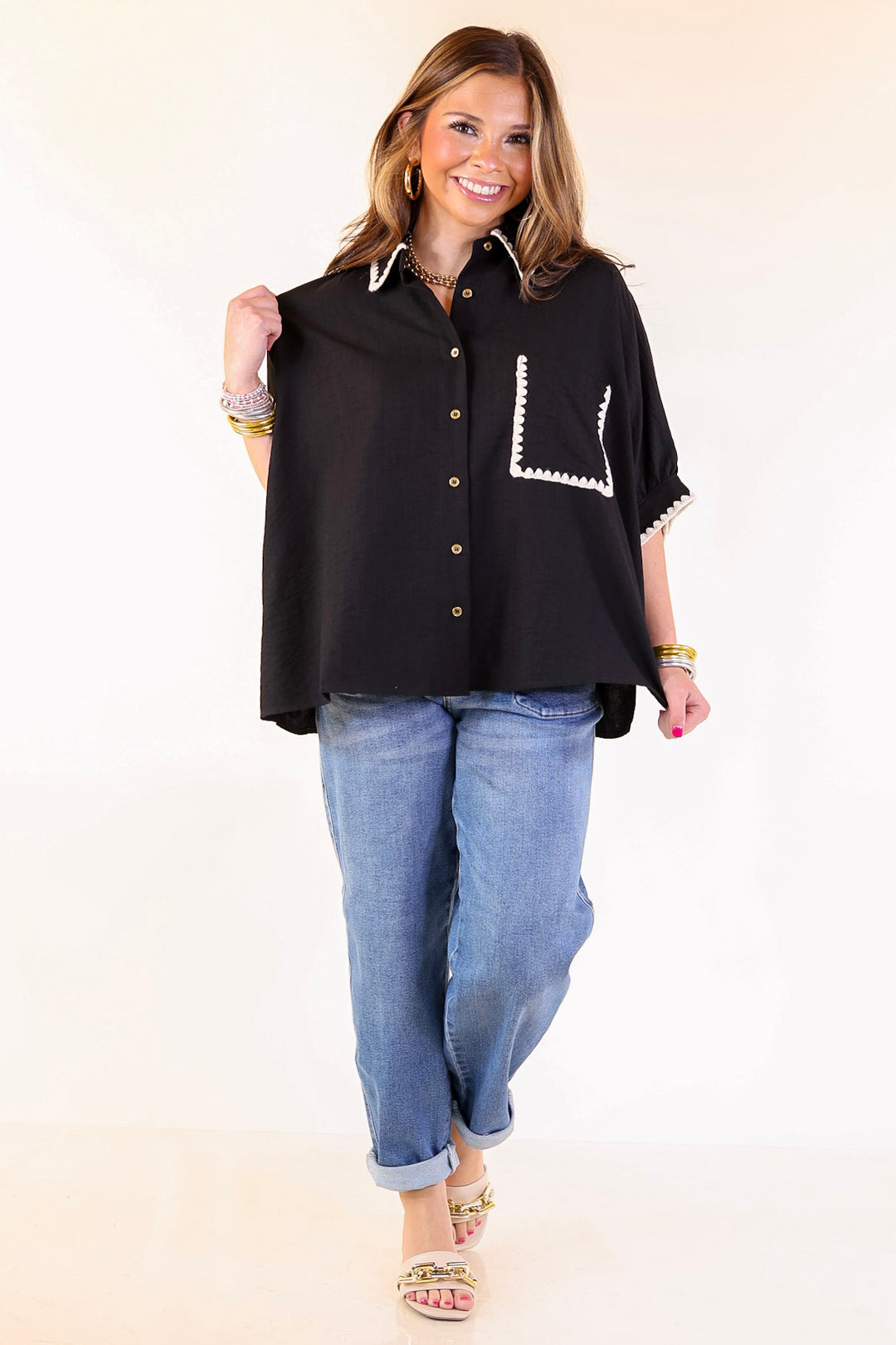 In Good Company Button Up Top with Scalloped Trim Stitching in Black