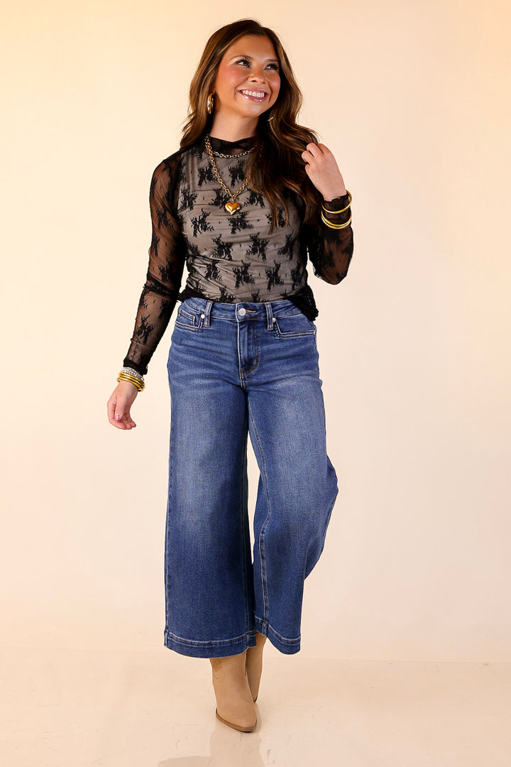 Daringly Delicate Sheer Mock Neck Long Sleeve Lace Top in Black