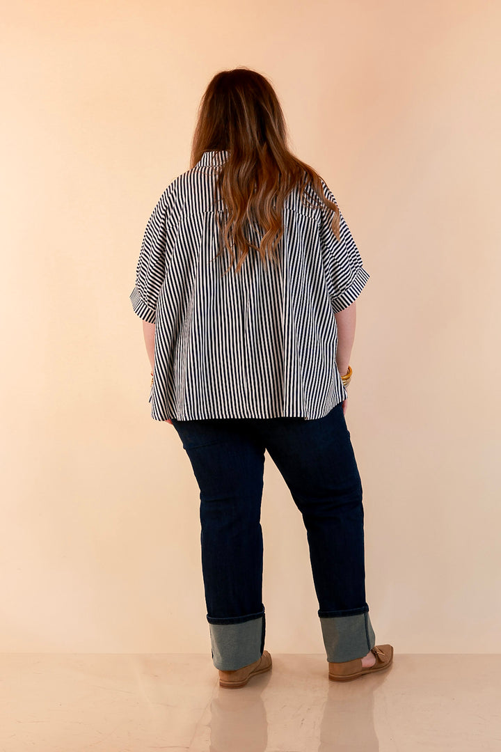Perfectly Aligned Button Down Collared Top with Vertical Ivory Stripe Detail in Navy Blue