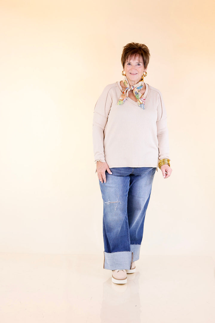 Daily Perfection V-Neck Long Sleeve Ribbed Top in Beige