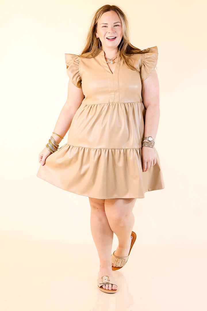 Magnolia Morning Ruffle Cap Sleeve Faux Leather Short Dress in Cream