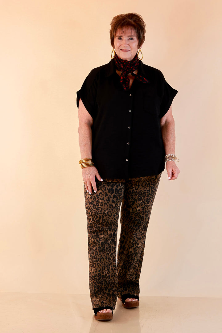 Timeless Appeal Woven Airflow Button Front Top with Rolled Cuff Short Sleeves and Front Pocket in Black