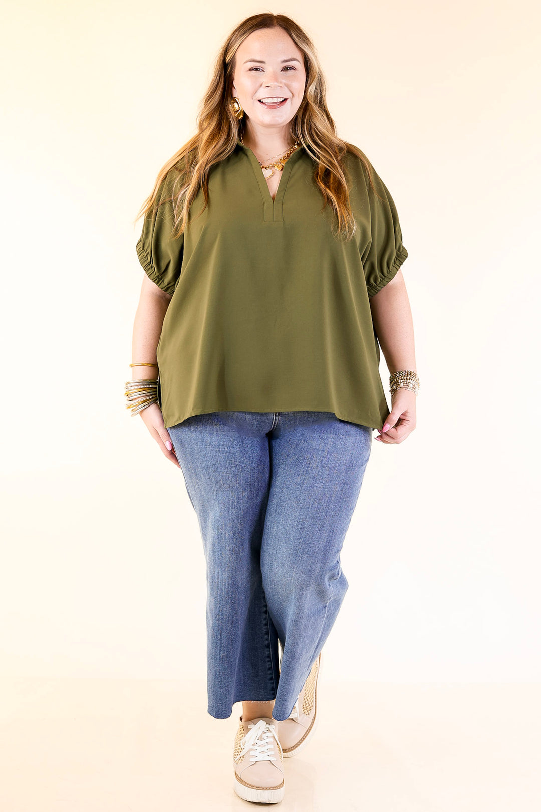 Fresh Start Collared V-Neck Blouse With Drop Shoulder in Olive Green