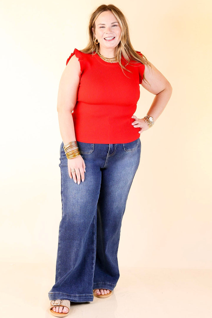 Flirty Frill Scoop Neck Top with Ruffle Sleeves in Red