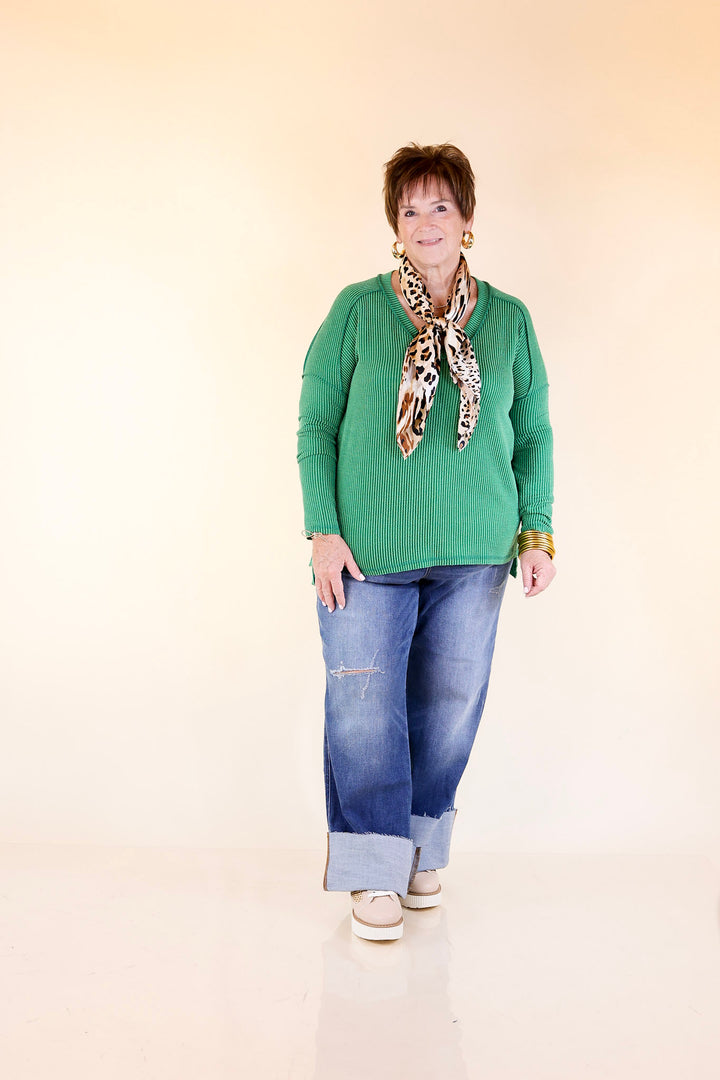 Daily Perfection V-Neck Long Sleeve Ribbed Top in Kelly Green