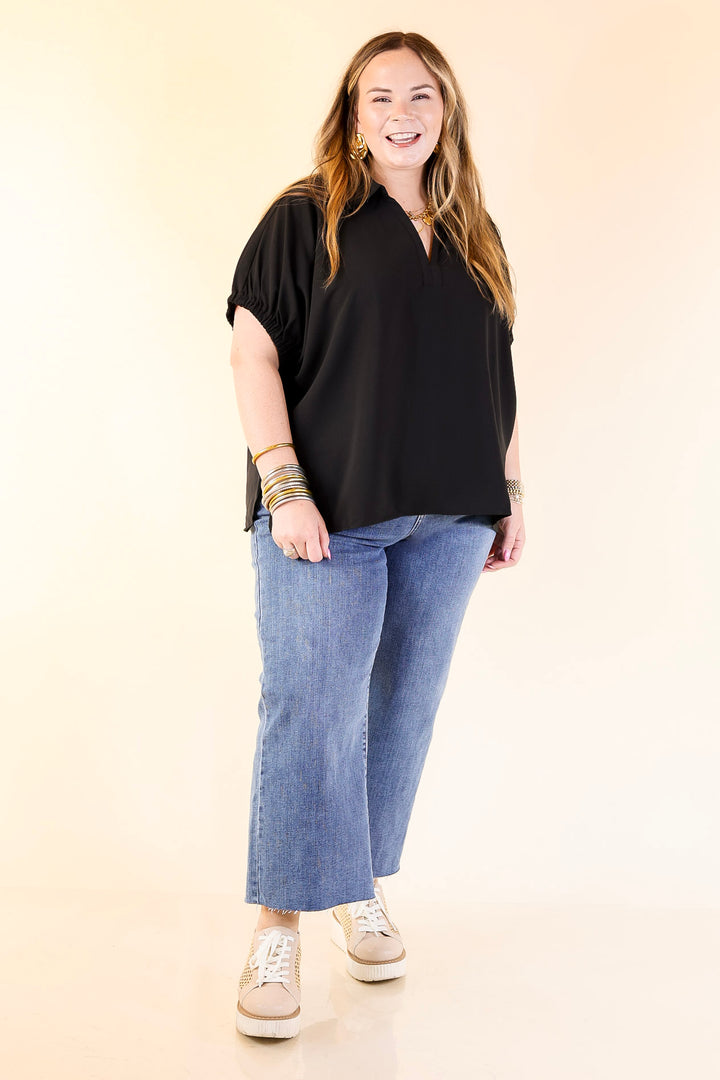 Fresh Start Collared V-Neck Blouse With Drop Shoulder in Black