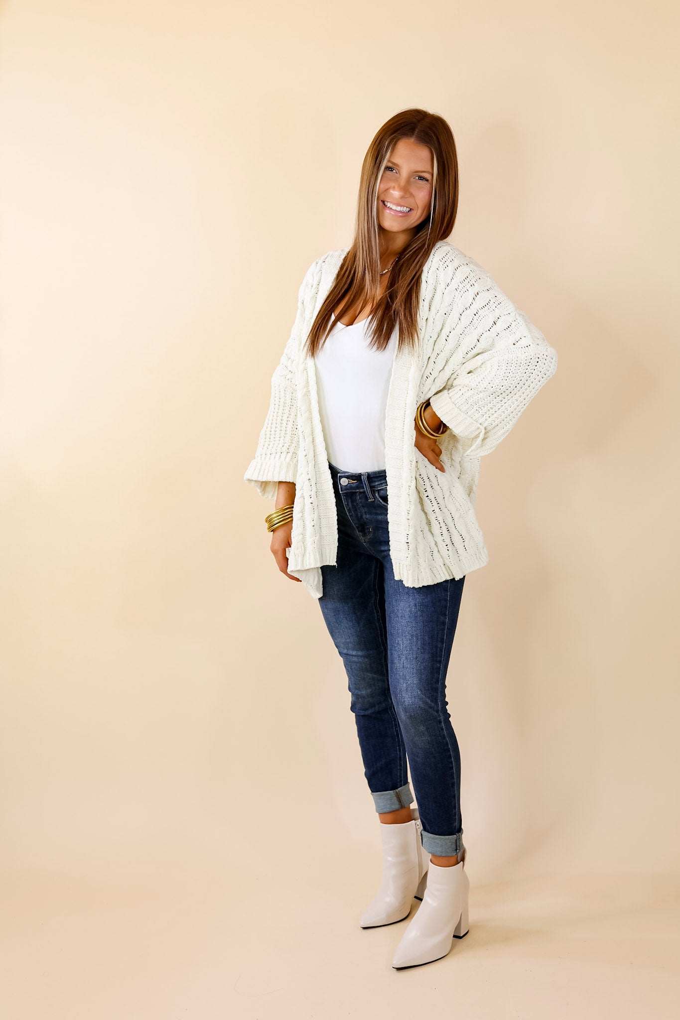On My Level Chenille Cable Knit Open Front Cardigan in Ivory - Giddy Up Glamour Boutique
