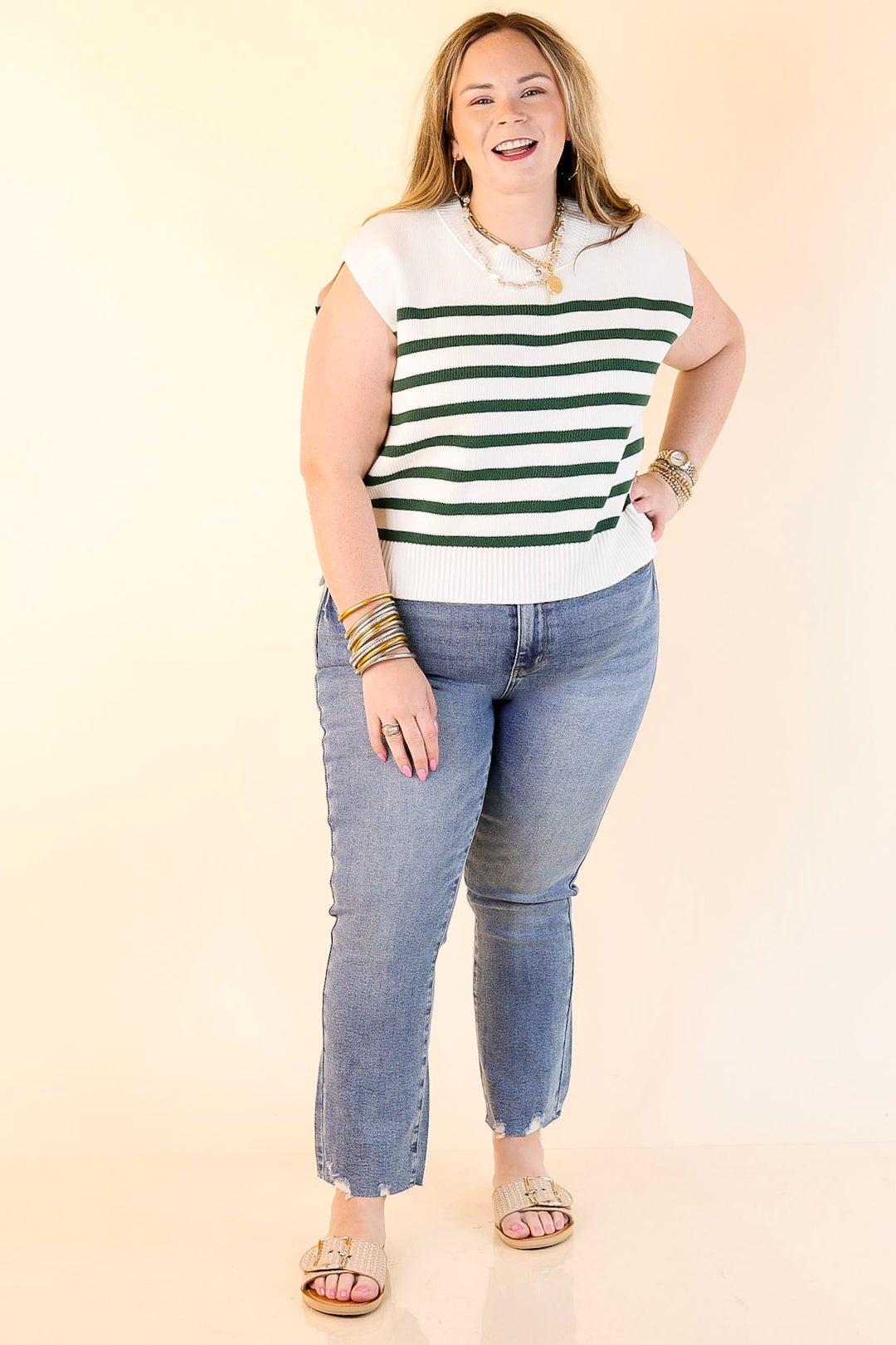 Stripe Things Up Drop Shoulder Knit Sweater in White with Forest Green Stripes