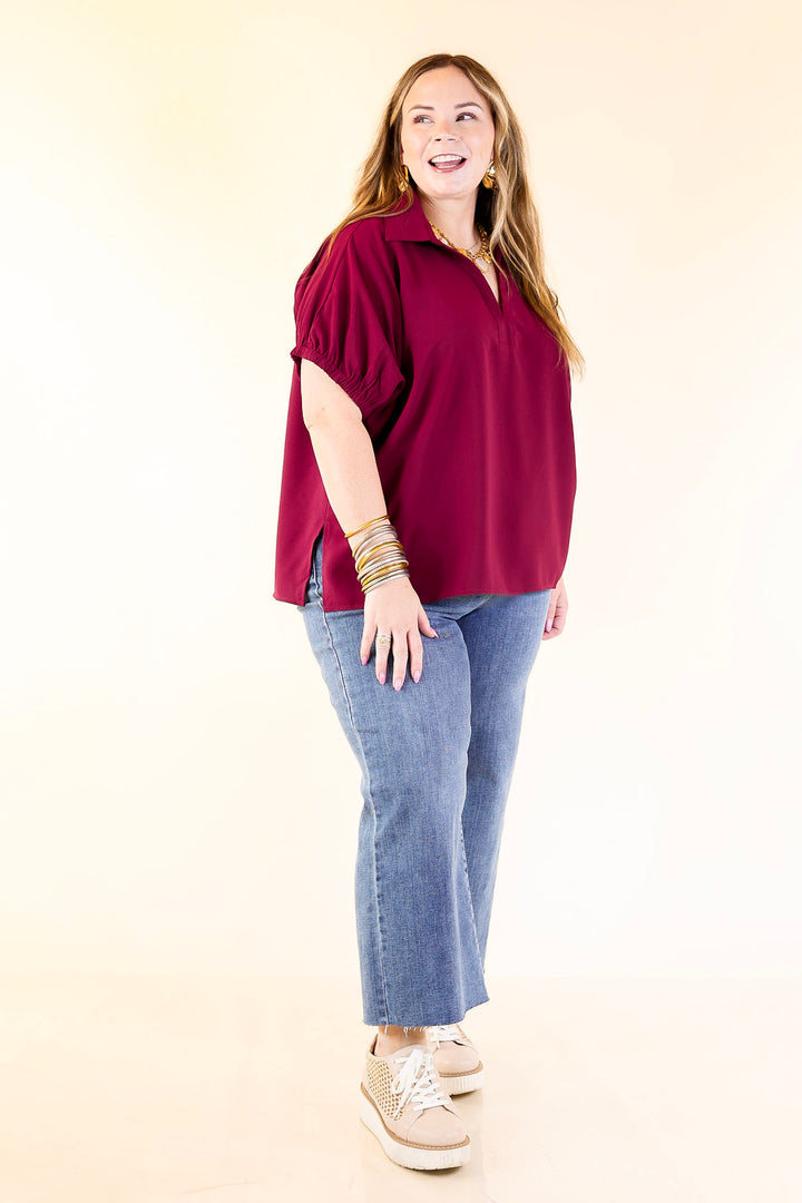 Fresh Start Collared V-Neck Blouse With Drop Shoulder in Maroon