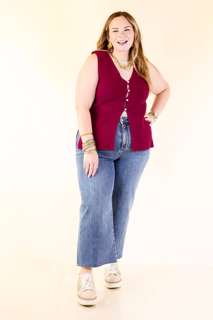 Sharp and Chic Button Front Ribbed Knit Sweater Vest in Maroon
