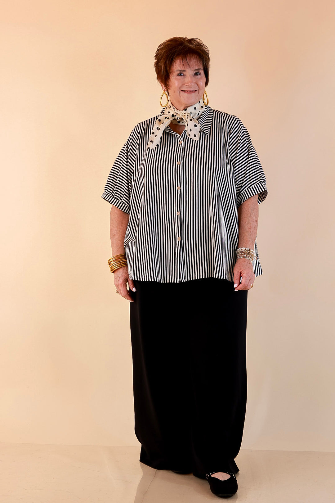 Perfectly Aligned Button Down Collared Top with Vertical Ivory Stripe Detail in Black