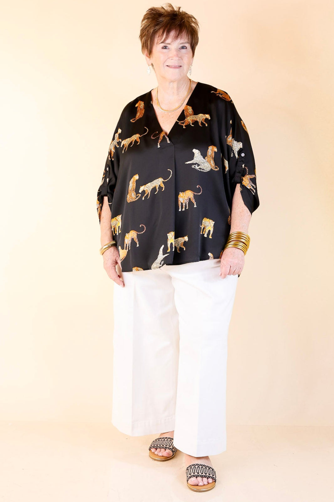 Staying Wild V-Neck Leopard Print 3/4 Sleeve Blouse in Black