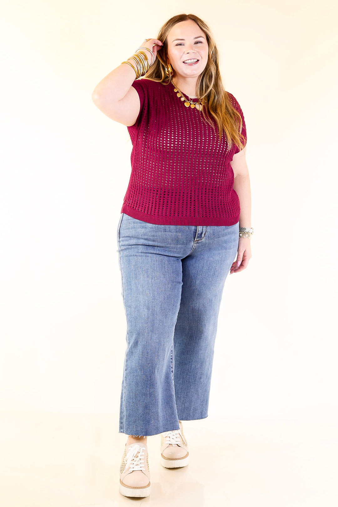 Breezy Intentions Open Knit Short Sleeve Sweater in Maroon