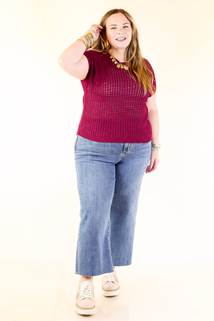 Breezy Intentions Open Knit Short Sleeve Sweater in Maroon