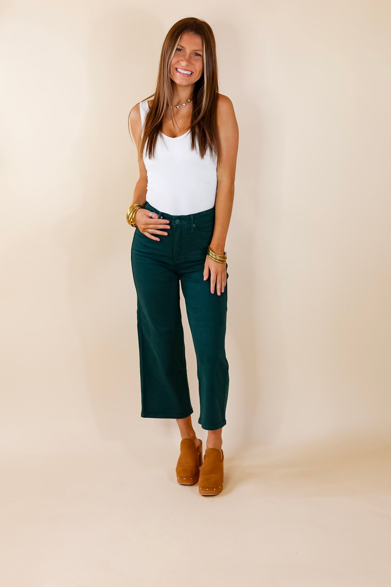Judy Blue | Remarkable Flair Tummy Control Garment Dyed Cropped Jeans in Dark Green