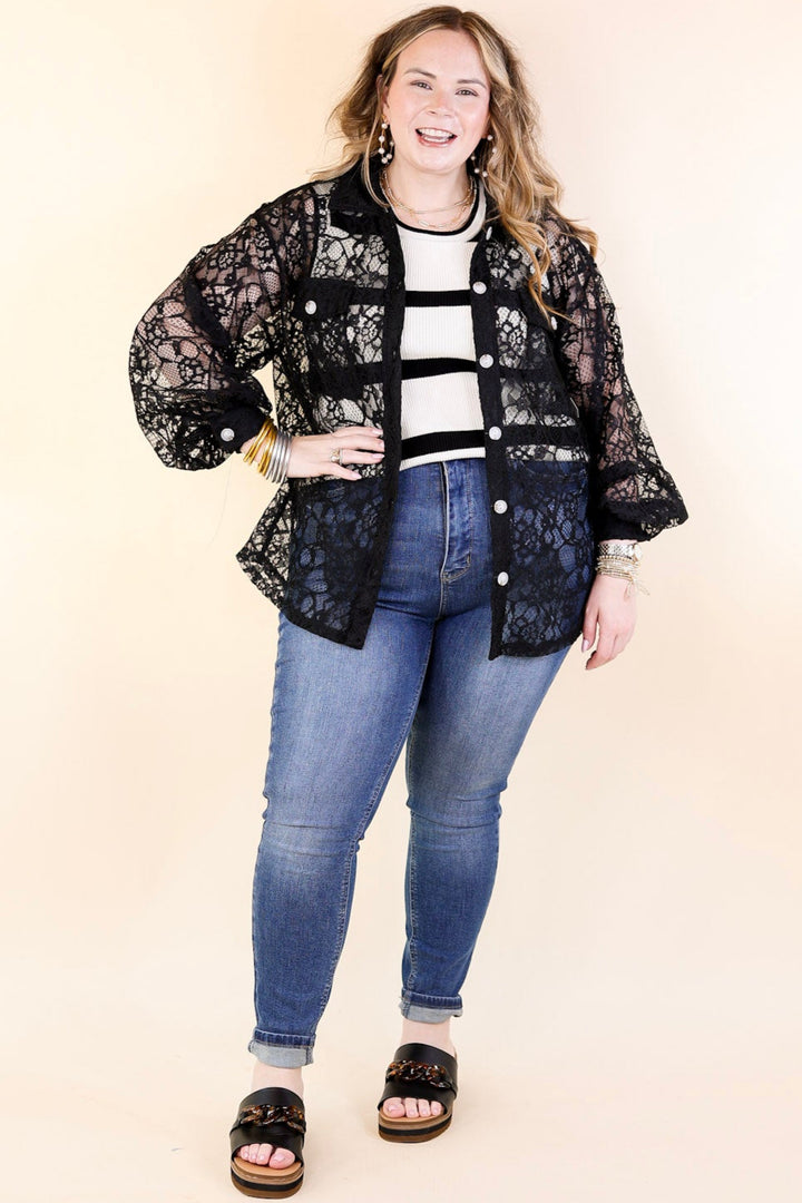 Sheer Chic Collared Button Up Lace Top in Black