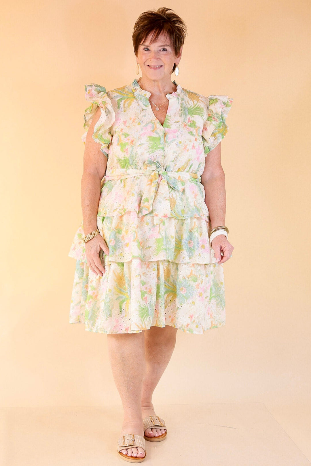 Blooming in Bows Floral Dress with Bow Cinched Waist in Green Multi Color