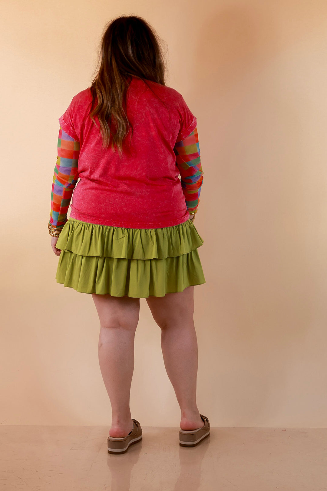 The Essential Layer Watercolor Checkered Print Sheer Mesh Long Sleeve Top in Multicolor