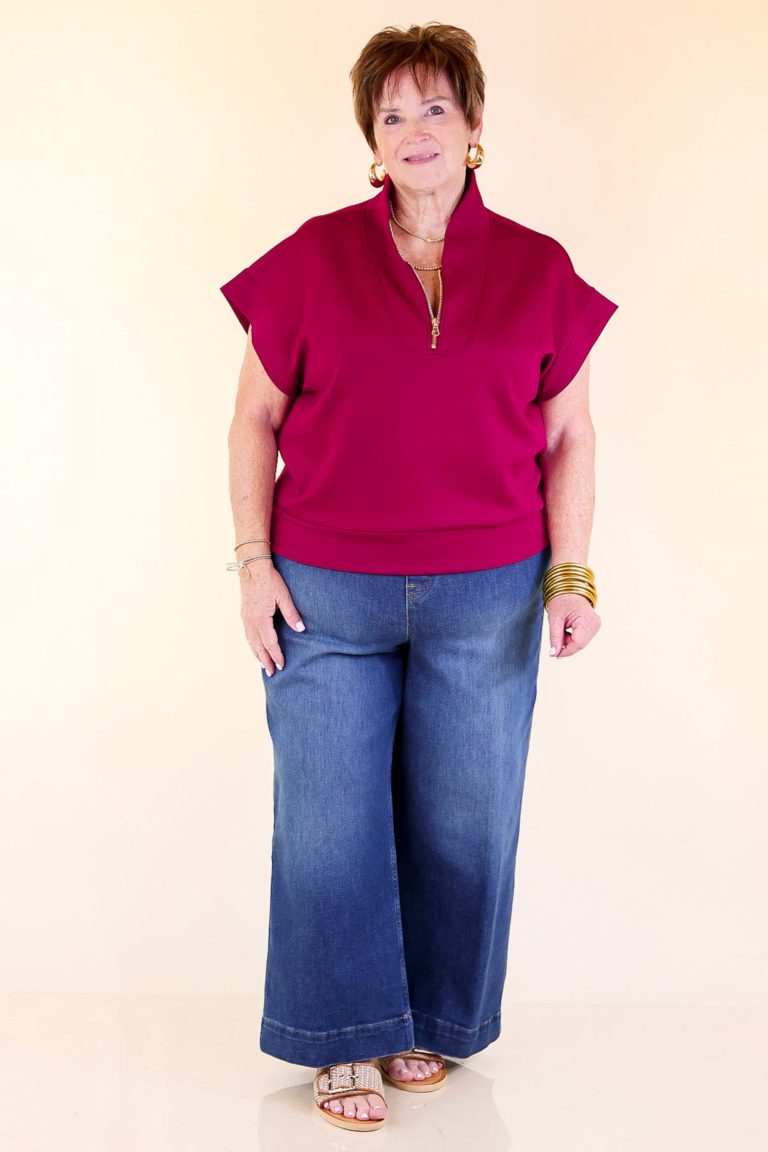 Top Priority Half Zip Collared Scuba Top in Maroon