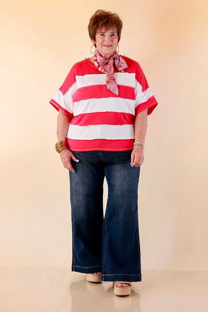 Simply Styled Color Block Rugby Style Relaxed Short Sleeve Top in Hot Pink