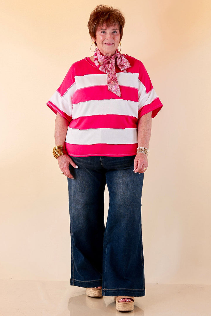 Simply Styled Color Block Rugby Style Relaxed Short Sleeve Top in Hot Pink