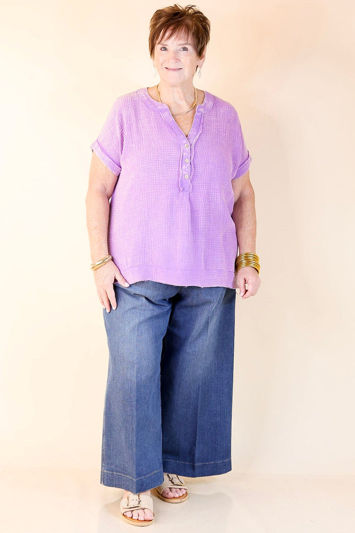 Simple Statement Quarter Button Up Short Drop Sleeve Shirt in Purple