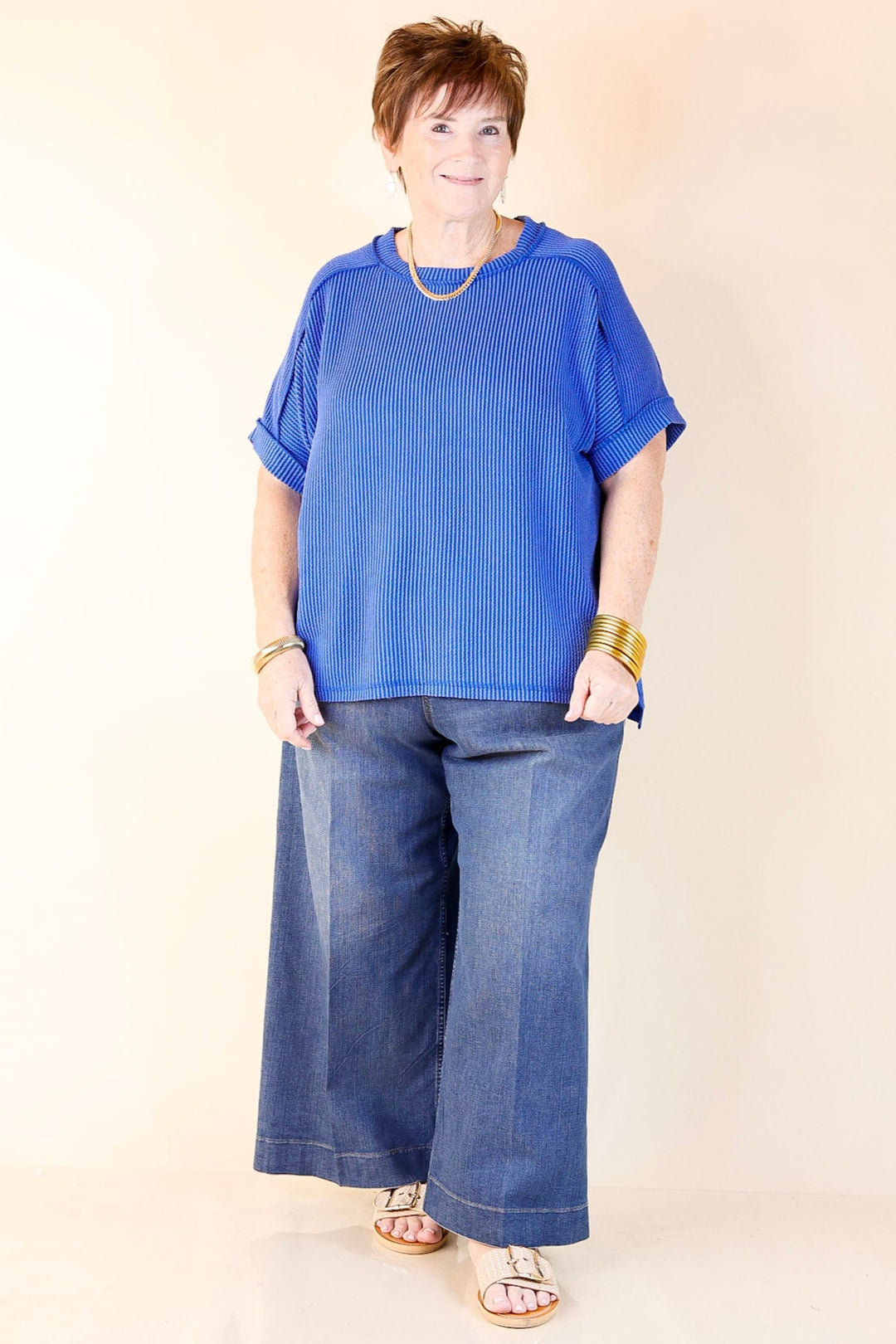 Daily Perfection Scoop Neck Short Sleeve Ribbed Top in Royal Blue
