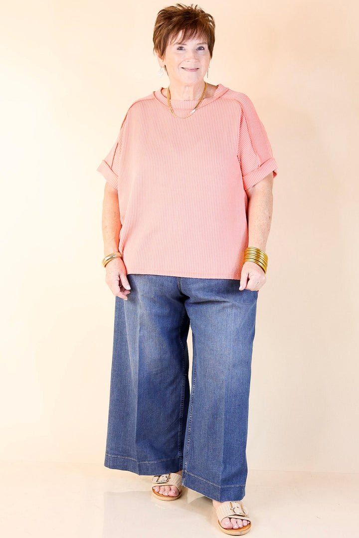 Daily Perfection Scoop Neck Short Sleeve Ribbed Top in Salmon Orange