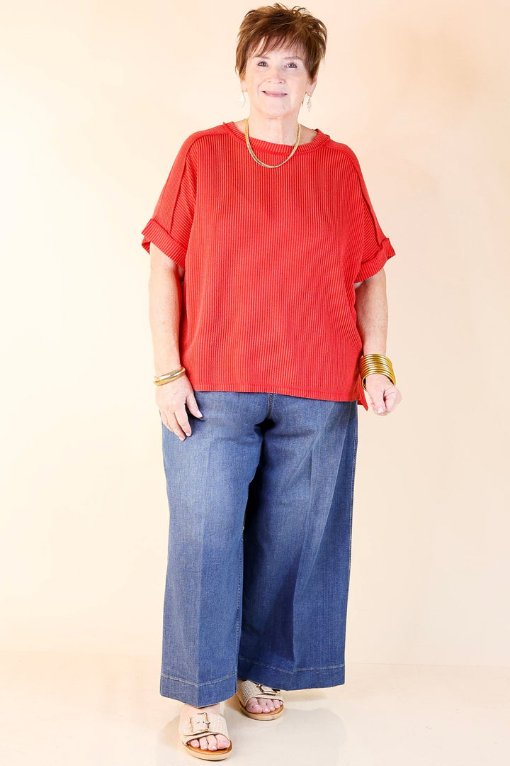 Daily Perfection Scoop Neck Short Sleeve Ribbed Top in Red