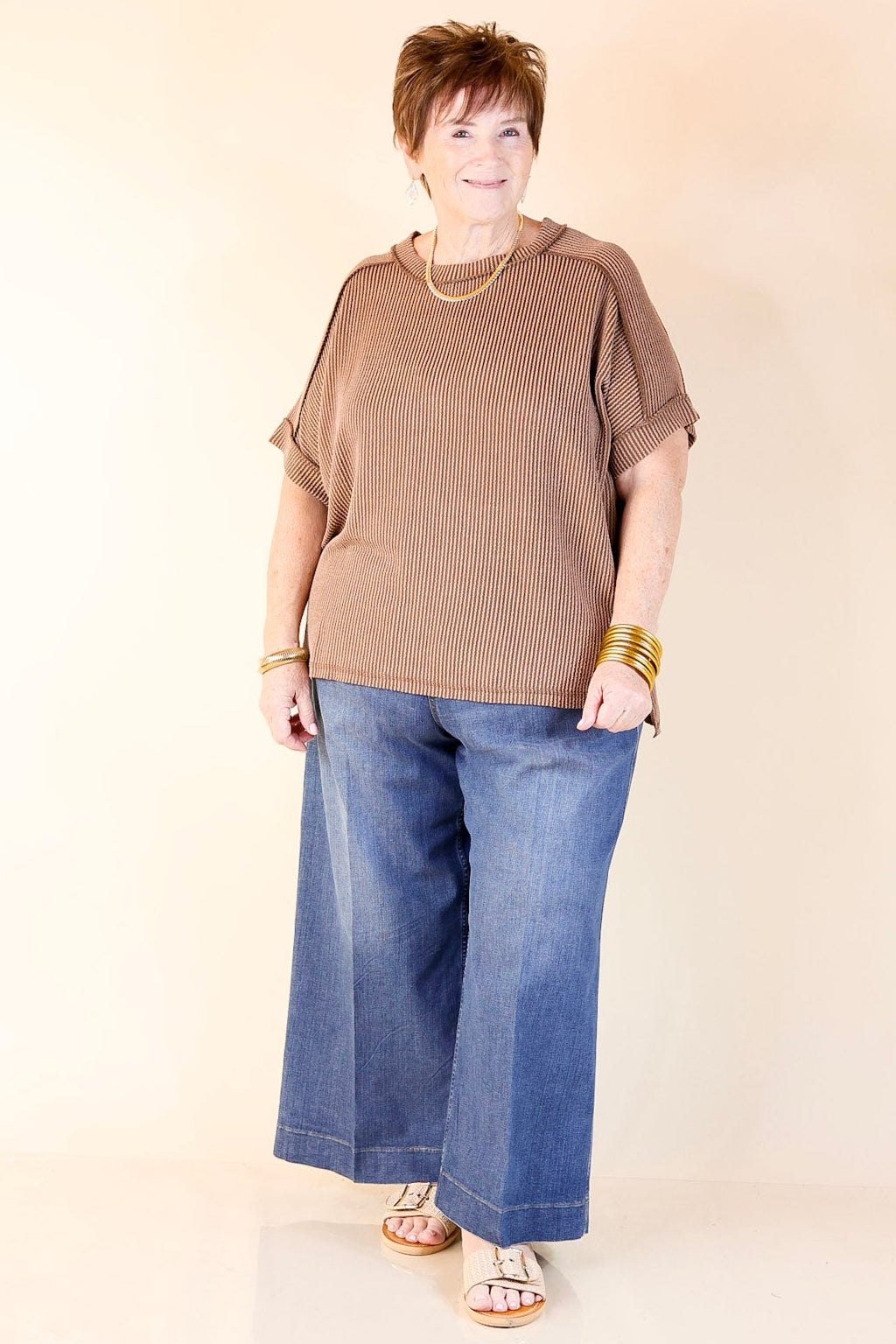 Daily Perfection Scoop Neck Short Sleeve Ribbed Top in Brown