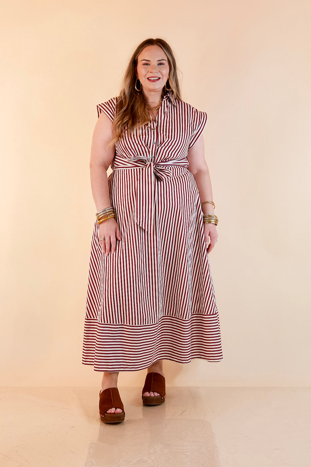 In Good Standing Striped Tie Waist Button Down Midi Dress in Maroon and Ivory
