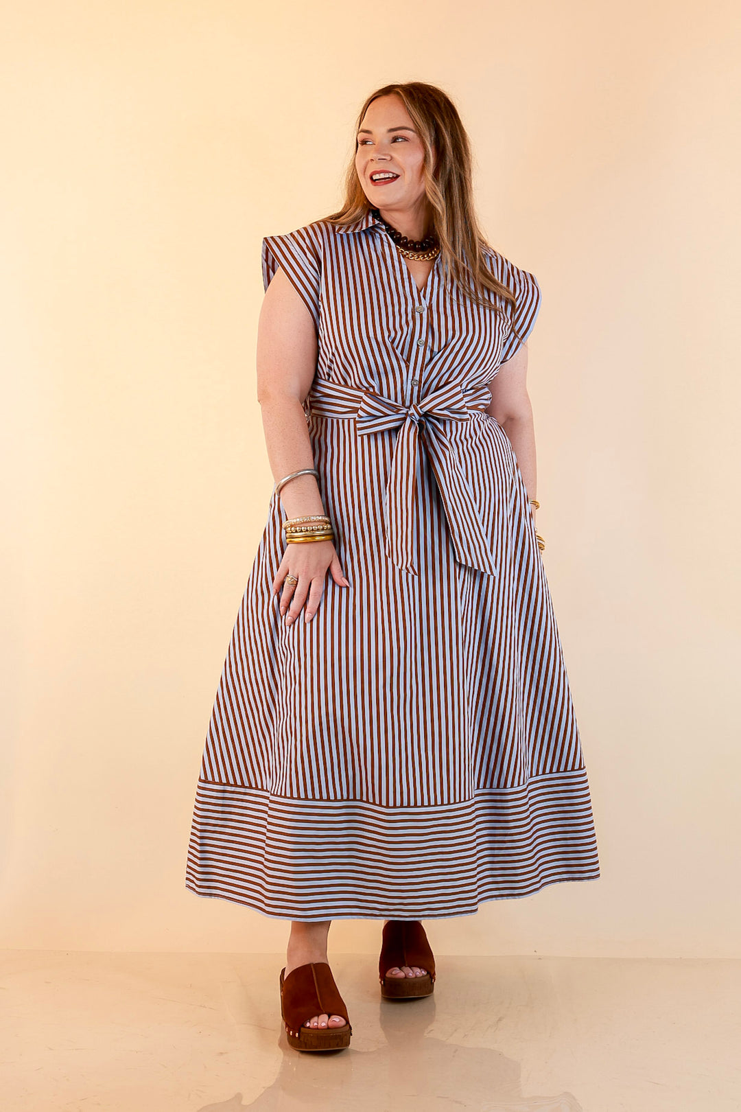 In Good Standing Striped Tie Waist Button Down Midi Dress in Blue and Brown