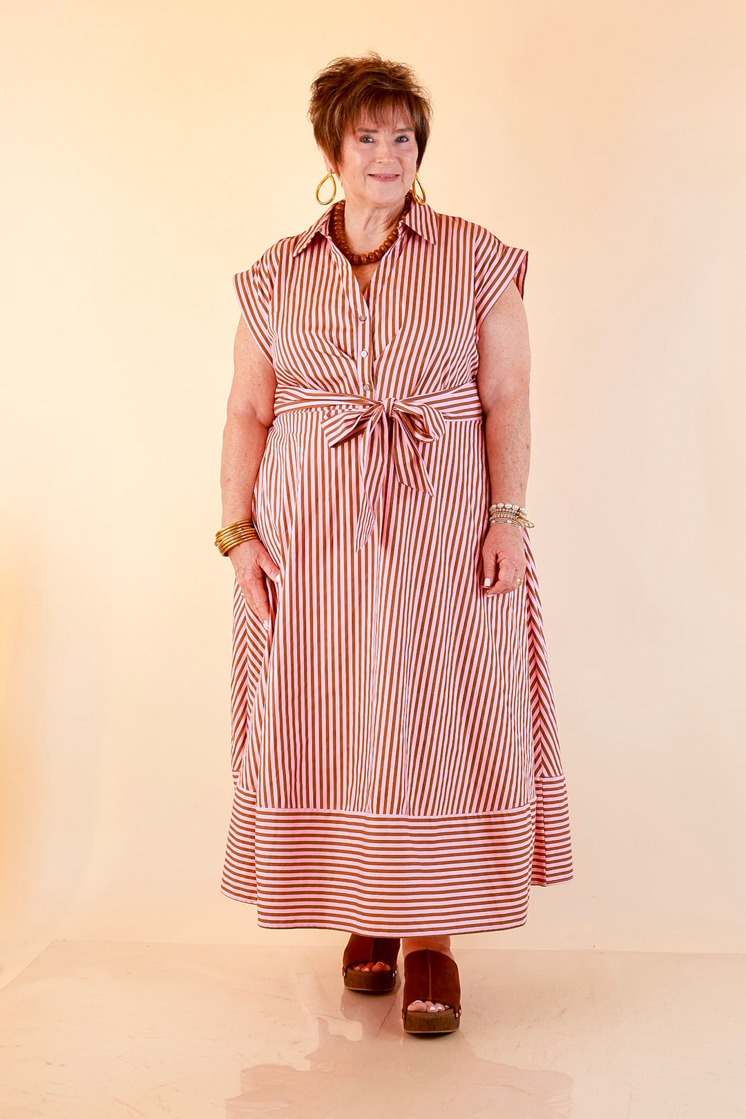 In Good Standing Striped Tie Waist Button Down Midi Dress in Pink and Brown