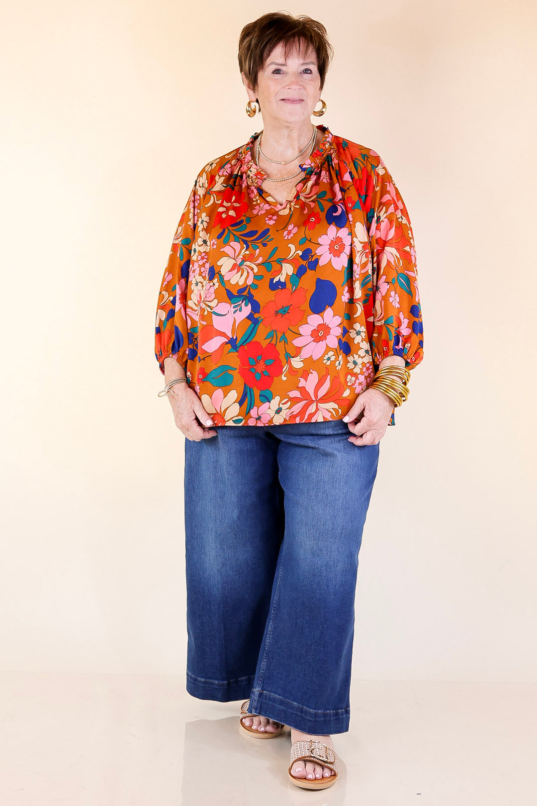 Falling For Floral 3/4 Sleeve Top with Notched Neck in Camel Brown