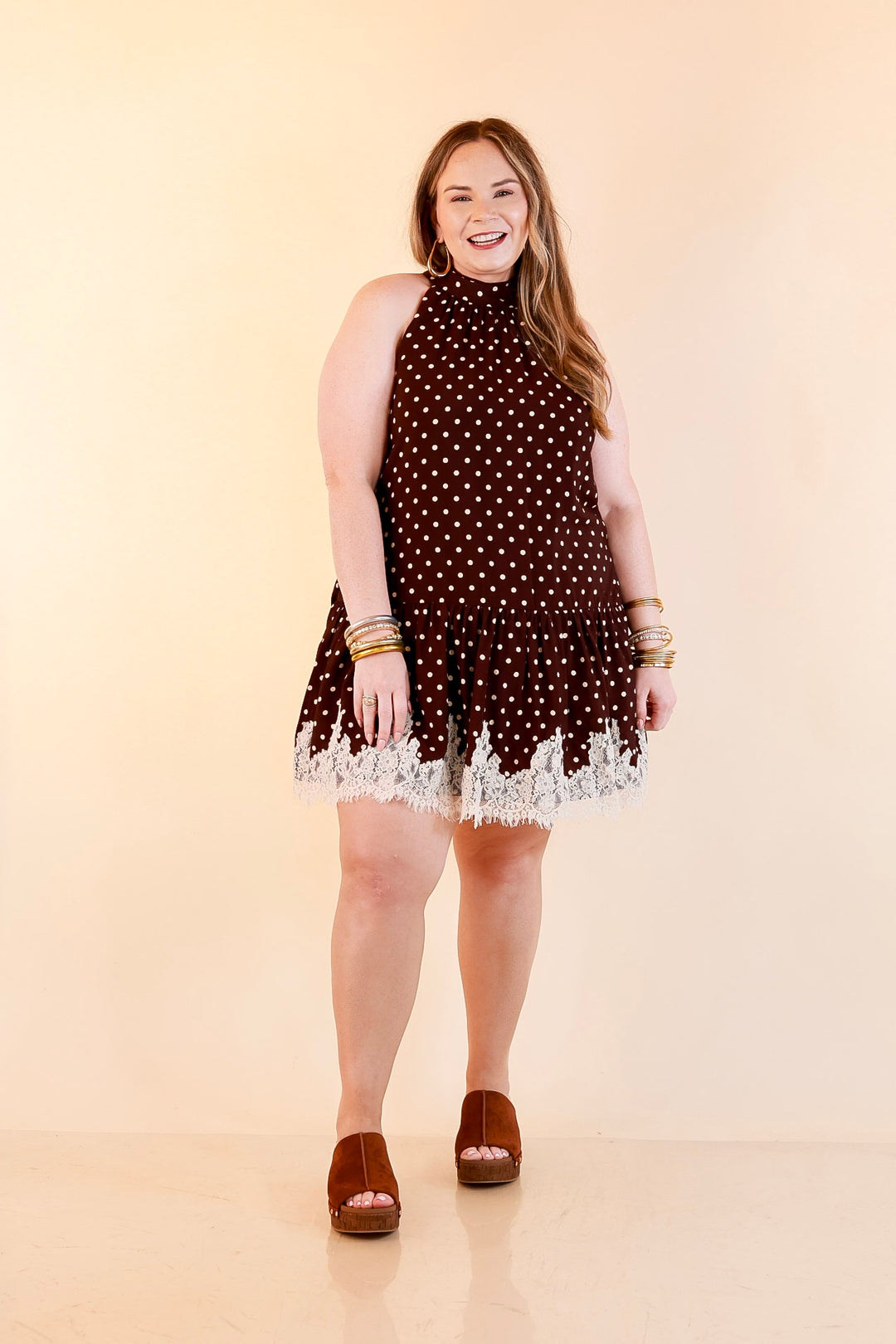Something to Love Polka Dot Lace Trim Halter Dress in Chocolate Brown and Ivory
